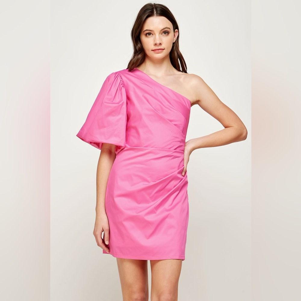 ShoeFly Medium One Shoulder Puff Sleeve Dress